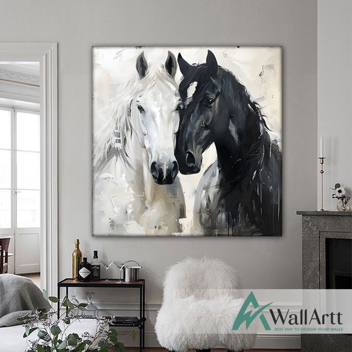 Black n White Horses 3D Heavy Textured Partial Oil Painting - Wall Art